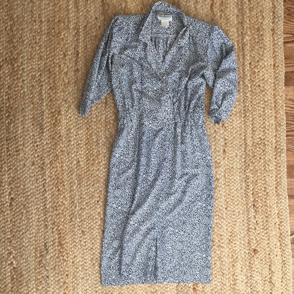 Navy and white midi dress, faux wrap, vintage